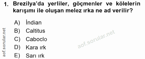 1. soru: Brezilya'da yerliler, göçmenler ve kölelerin karışımı ile oluşan melez ırka ne ad verilir? A) Indian B) Caltitus Cabo…