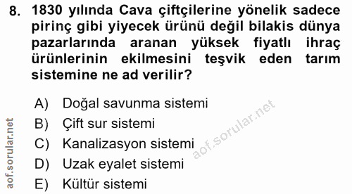 8. soru: 1830 yılında Cava çiftçilerine yönelik sadece pirinç gibi yiyecek ürünü değil bilakis dünya pazarlarında aranan yükse…
