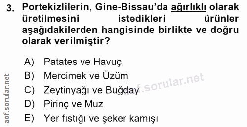 3. soru: Portekizlilerin, Gine-Bissau'da ağırlıklı olarak üretilmesini istedikleri ürünler aşağıdakilerden hangisinde birlikte…