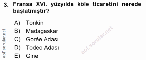 3. soru: Fransa XVI. yüzyılda köle ticaretini nerede başlatmıştır? A) Tonkin B) Madagaskar C) Gorée Adası D) Todeo Adası E) Gine