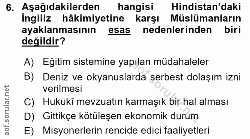 6. soru: Aşağıdakilerden hangisi Hindistan'daki İngiliz hâkimiyetine karşı Müslümanların ayaklanmasının esas nedenlerinden bir…