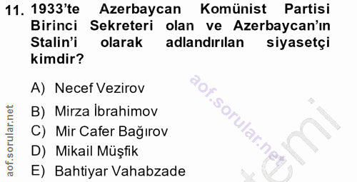 11. soru: 1933'te Azerbaycan Komünist Partisi Birinci Sekreteri olan ve Azerbaycan'ın Stalin'i olarak adlandırılan siyasetçi ki…