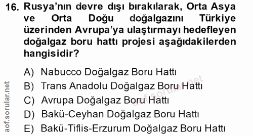 16. soru: Rusya'nın devre dışı bırakılarak, Orta Asya ve Orta Doğu doğalgazını Türkiye üzerinden Avrupa'ya ulaştırmayı hedefley…
