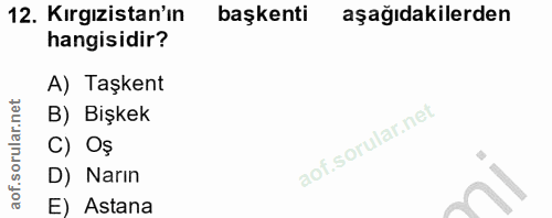 12. soru: Kırgızistan'ın başkenti aşağıdakilerden hangisidir? A) Taşkent B) Bişkek C) Oș D) Narın E) Astana