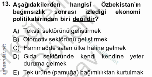 13. soru: Aşağıdakilerden hangisi Özbekistan'ın bağımsızlık sonrası izlediği ekonomi politikalarından biri değildir? A) Tekstil…