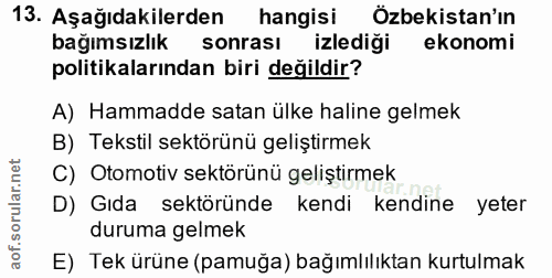 13. soru: Aşağıdakilerden hangisi Özbekistan'ın bağımsızlık sonrası izlediği ekonomi politikalarından biri değildir? A) Hammadd…