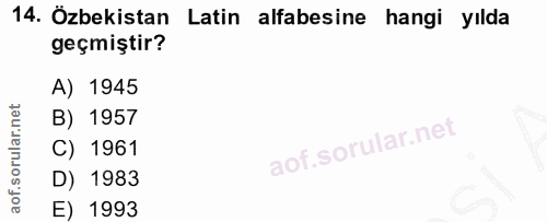 14. soru: Özbekistan Latin alfabesine hangi yılda geçmiştir? A) 1945 B) 1957 C) 1961 D) 1983 E) 1993