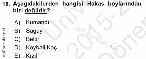 18. soru: Aşağıdakilerden hangisi Hakas boylarından biri değildir? A) Kumandı B) Sagay C) Beltir Sorular.19c öne D) Koybali Kaç…