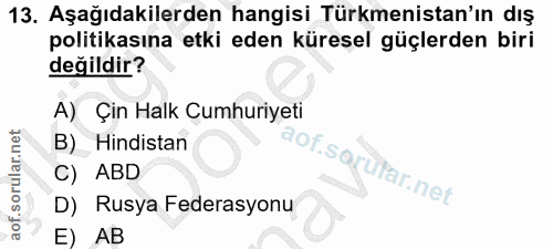 13. soru: Aşağıdakilerden hangisi Türkmenistan'ın dış politikasına etki eden küresel güçlerden biri değildir? A) Çin Halk Cumhu…