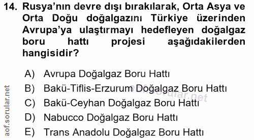 14. soru: Rusya'nın devre dışı bırakılarak, Orta Asya ve Orta Doğu doğalgazını Türkiye üzerinden Avrupa'ya ulaştırmayı hedefley…