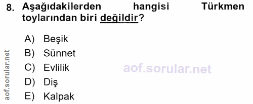 8. soru: Aşağıdakilerden hangisi Türkmen toylarından biri değildir? A) Beşik rular.net B) Sünnet C) Evlilik D) Diş aof. E) Kalpak
