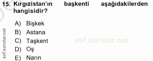 15. soru: Kırgızistan'ın başkenti aşağıdakilerden hangisidir? A) Bişkek B) Astana C) Taşkent D) Oş E) Narin