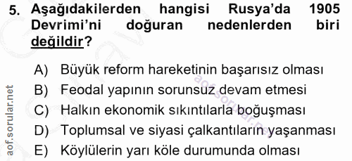 5. soru: Aşağıdakilerden hangisi Rusya'da 1905 Devrimi'ni doğuran nedenlerden biri değildir? A) Büyük reform hareketinin başar…
