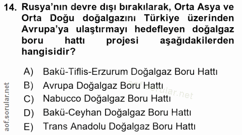 14. soru: Rusya'nın devre dışı bırakılarak, Orta Asya ve Orta Doğu doğalgazını Türkiye üzerinden Avrupa'ya ulaştırmayı hedefley…