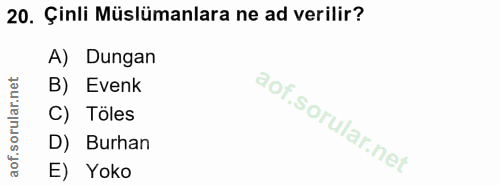 20. soru: Çinli Müslümanlara ne ad verilir? A) Dungan B) Evenk C) Töles D) Burhan E) Yoko