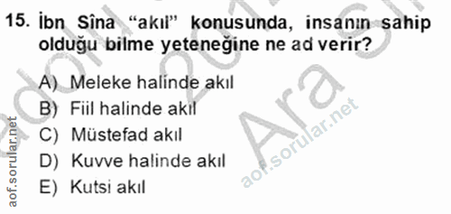 15. soru: Ibn Sina "akil" konusunda, insanın sahip olduğu bilme yeteneğine ne ad verir? A)_Meleke halinde akıl B) Fiil halinde…