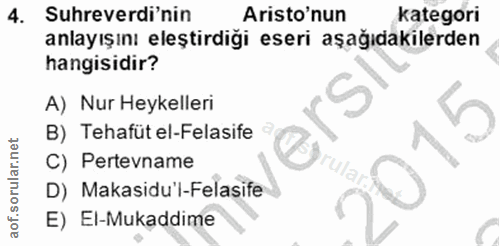 4. soru: Suhreverdi'nin Aristo'nun kategori anlayışını eleştirdiği eseri aşağıdakilerden hangisidir? A) Nur Heykelleri B) Teha…