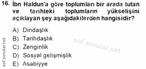 16. soru: İbn Haldun'a göre toplumları bir arada tutan ve tarihteki toplumların yükselişini açıklayan şey aşağıdakilerden hangi…