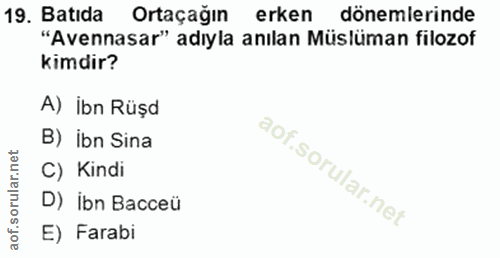 19. soru: Batıda Ortaçağın erken dönemlerinde "Avennasar" adıyla anılan Müslüman filozof kimdir? A) Ibn Rüşd B) ibn Sina C) Kin…