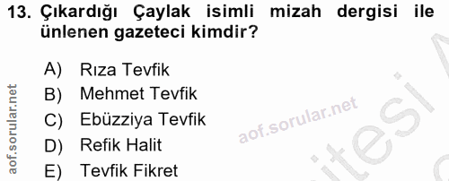 13. soru: Çıkardığı Çaylak isimli mizah dergisi ile ünlenen gazeteci kimdir? A) Rıza Tevfik B) Mehmet Tevfik C) Ebüzziya Tevfik…