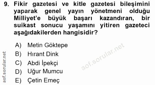 9. soru: Fikir gazetesi ve kitle gazetesi bileşimini yaparak genel yayın yönetmeni olduğu Milliyet'e büyük başarı kazandıran,…