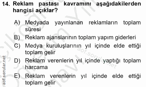 14. soru: Reklam pastası kavramını aşağıdakilerden hangisi açıklar? A) Medyada yayınlanan reklamların toplam süresi B) Reklam a…