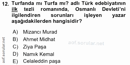 12. soru: Turfanda mı Turfa mı? adlı Türk edebiyatının ilk tezli romanında, Osmanlı Devleti'ni ilgilendiren sorunları işleyen y…