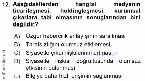 12. soru: Aşağıdakilerden hangisi medyanın ticarileşmesi, holdingleşmesi, kurumsal çıkarlara tabi olmasının sonuçlarından biri…