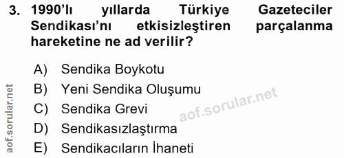 3. soru: 1990'lı yıllarda Türkiye Gazeteciler Sendikası'nı etkisizleştiren parçalanma hareketine ne ad verilir? A) Sendika Boy…