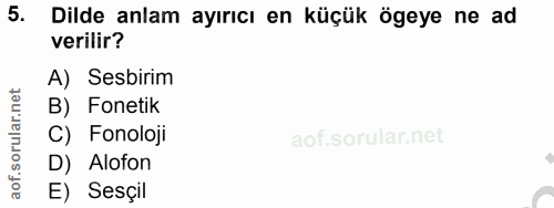 5. soru: Dilde anlam ayırıcı en küçük ögeye ne ad verilir? A) Sesbirim B) Fonetik C) Fonoloji D) Alofon E) Sesçil