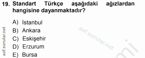 19. soru: Standart Türkçe aşağıdaki ağızlardan hangisine dayanmaktadır? A) Istanbul B) Ankara C) Eskişehir D) Erzurum E) Bursa