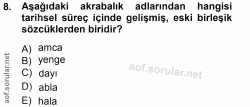 8. soru: Aşağıdaki akrabalık adlarından hangisi tarihsel süreç içinde gelişmiş, eski birleşik sözcüklerden biridir? A) amca B)…