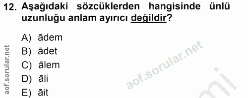 12. soru: Aşağıdaki sözcüklerden hangisinde ünlü uzunluğu anlam ayırıcı değildir? A) ādem B) ādet C) ălem D) ăli' E) ait