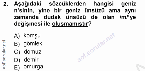 2. soru: Aşağıdaki sözcüklerden hangisi geniz n'sinin, yine bir geniz ünsüzü ama aynı zamanda dudak ünsüzü de olan /m/'ye deği…