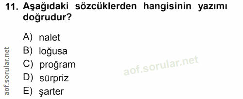 11. soru: Aşağıdaki sözcüklerden hangisinin yazımı doğrudur? A) nalet orular.net B) loğusa C) proğram D) sürpriz aof. E) şarter