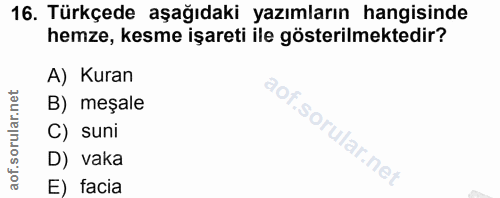 16. soru: Türkçede aşağıdaki yazımların hangisinde hemze, kesme işareti ile gösterilmektedir? A) Kuran rular.net B) meşale C) s…