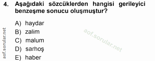4. soru: Aşağıdaki sözcüklerden hangisi gerileyici benzeşme sonucu oluşmuştur? A) haydar B) zalim C) malum D) sarhoş E) haber