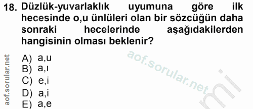 18. soru: Düzlük-yuvarlaklık uyumuna göre ilk hecesinde o,u ünlüleri olan bir sözcüğün daha sonraki hecelerinde aşağıdakilerden…