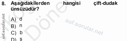 8. soru: Aşağıdakilerden hangisi çift-dudak ünsüzüdür? A) d B) п C) b nI S