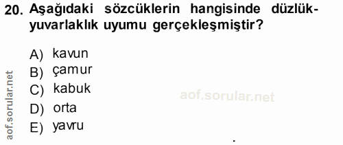 20. soru: Aşağıdaki sözcüklerin hangisinde düzlük- yuvarlaklık uyumu gerçekleşmiştir? A) kavun B) çamur C) kabuk D) orta E) yavru