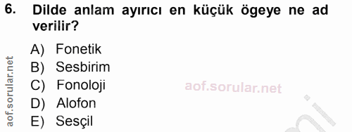 6. soru: Dilde anlam ayırıcı en küçük ögeye ne ad verilir? A) Fonetik B) Sesbirim C) Fonoloji D) Alofon E) Sesçil