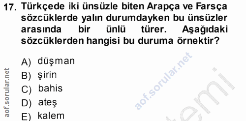 17. soru: Türkçede iki ünsüzle biten Arapça ve Farsça sözcüklerde yalın durumdayken bu ünsüzler arasında bir ünlü türer. Aşağıd…