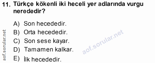 11. soru: Türkçe kökenli iki heceli yer adlarında vurgu nerededir? A) Son hecededir. B) Orta hecededir. C) Son sese kayar. D) T…