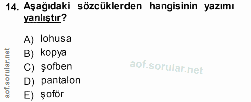 14. soru: Aşağıdaki sözcüklerden hangisinin yazımı yanlıştır? A) lohusa в) коруа C) şofben D) pantalon E) şoför