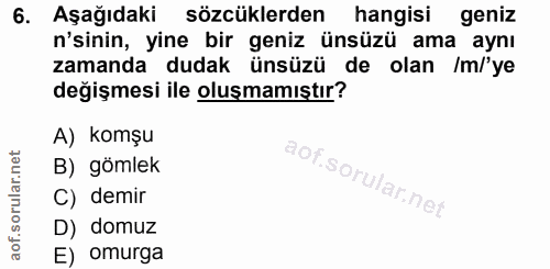 6. soru: Aşağıdaki sözcüklerden hangisi geniz n'sinin, yine bir geniz ünsüzü ama aynı zamanda dudak ünsüzü de olan /m/'ye deği…