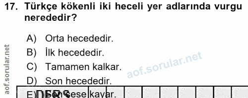 17. soru: Türkçe kökenli iki heceli yer adlarında vurgu nerededir? A) Orta hecededir. B) Ilk hecededir. C) Tamamen kalkar. D) S…