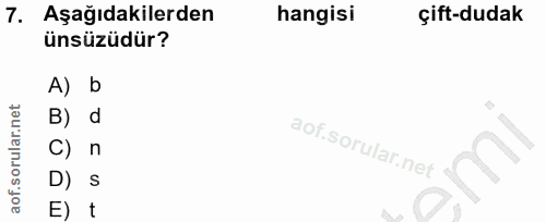 7. soru: Aşağıdakilerden hangisi çift-dudak ünsüzüdür? A) b B) d C) n D) E) t