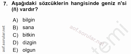 7. soru: Aşağıdaki sözcüklerin hangisinde geniz n'si (ň) vardır? A) bilgin B) sana C) bitkin D) dizgin E) olgun