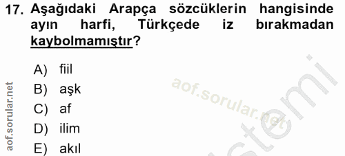 17. soru: Aşağıdaki Arapça sözcüklerin hangisinde ayın harfi, Türkçede iz bırakmadan kaybolmamıştır? A) fiil B) aşk aof.sorular…