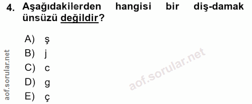 4. soru: Aşağıdakilerden hangisi bir diş-damak ünsüzü değildir? A) B) j C) C D) g